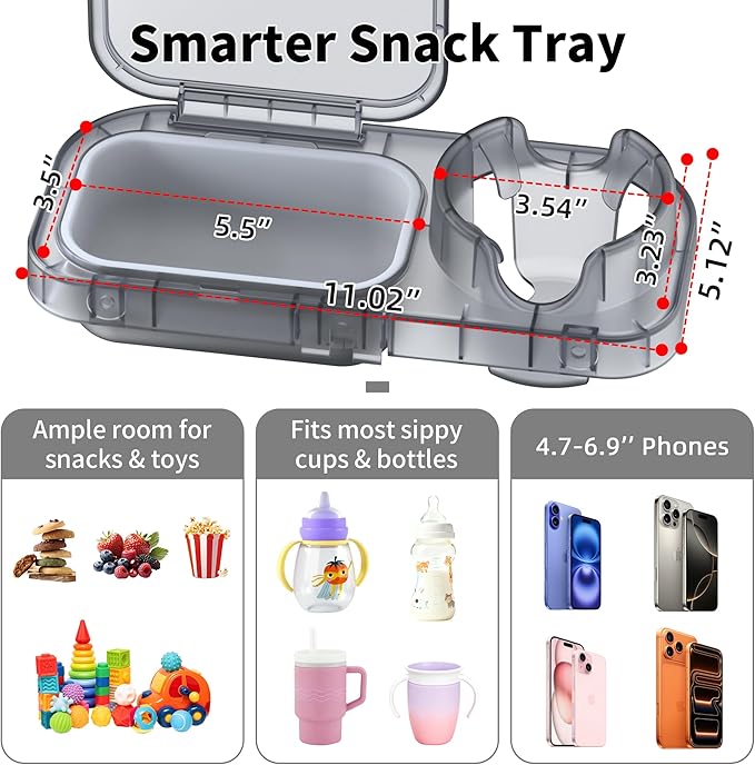 btrfe Universal Stroller Snack Tray, 3-in-1 Cup Holder Tray with Clamp & Silicone Arms Grip & Detachable Silicone Tray, Stroller Tray Attachment for Toddler & Kids, Snacking On The Go