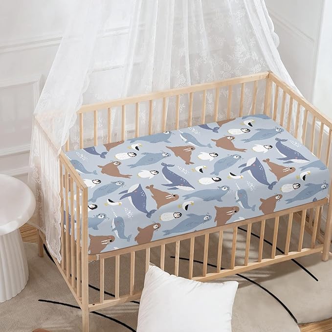 Cute Arctic Animals Fitted Crib Sheet for Boys Girls Seal Penguin Walrus Whale Albatross Baby Sheet for Standard Crib and Toddler Nursery Bed Mattress Sheets 28"x52"