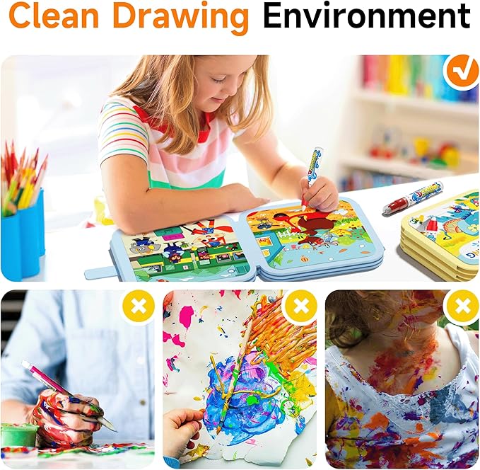 Timetome Reusable Water Painting Book for Kids - 3 Pack Magic Watercolor Books with Water Pen Fairy Tale, Animal & Dinosaur Themes | No Mess Paint & Reusable Fun for Ages 3+