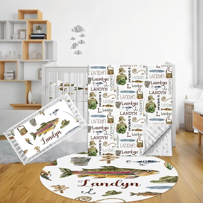 Personalized Baby Bedding Set - 3 Pcs Custom Name Crib Bedding Set for Nursery - Soft Baby Crib Set with Double Layer Blanket for Boy Girl - Customized Gifts for Infant Toddler - Green Fishing