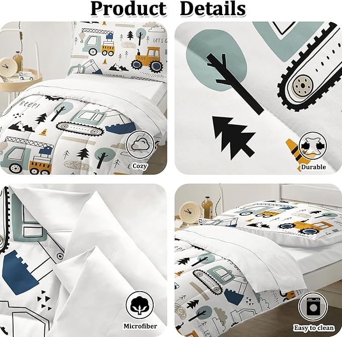 Toddler Bedding Set for Boys - 4-Piece Truck Bedding Comforter Set for Kids, Soft Comfort Construction Vehicle Bedding Includes Flat Sheet, Fitted Sheet, Comforter, Pillowcase