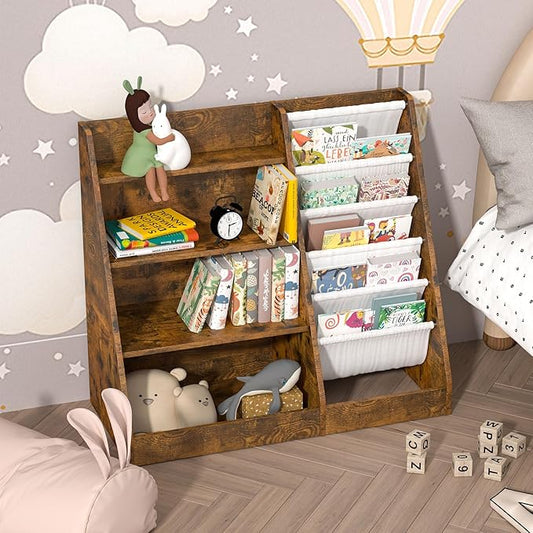 HedoAjim Kids Bookshelf for Bedroom Toddler Children Baby Bookcase 4-Tier for Nursery Book Toy Storage Organizer 5 Sling Book Display Shelf Book Rack Wood Classroom Playroom Rustic Brown