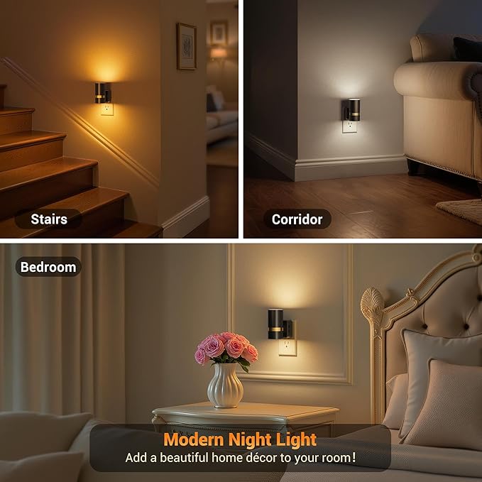 JandCase Night Lights Plug into Wall,2 Pack Amber/3000k/5000K Color Change Night Light with Dusk to Dawn, 3CCT & 10/25/50/75/100LM Dimmable Plug in LED Nightlight for Bedroom, Hallway, Stairs