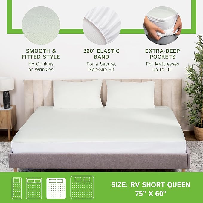 Four Seasons Essentials RV Short Queen Size Waterproof Mattress Protector - Cooling Viscose derived from Bamboo Fitted Sheet Mattress Cover - Quilted Jacquard Pad Protects from Dust Allergens