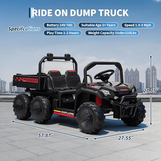 24V 4WD Electric Ride-on Dump Truck for Kids, 2-Seater with Parental Remote Control, 3 Speeds, All-Terrain Off-Road Toy Car for Boys Girls,Black