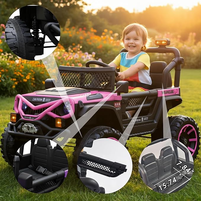 12V Kids Ride On Jeep-Style Car with Remote Control, Bluetooth Music & Stories, LED Headlights, Shock Absorption, Double Doors with Lock, Safe Speed, Battery Powered Electric Vehicle for Boys & Girls