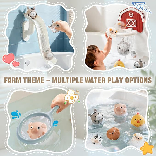 No-Hole Farm Bath Toys for Toddlers 1-3 | Slide, Basketball Hoop & 6 Animal Set | Easy to Clean & Dry Bathtub Play Gifts for Boys Girls