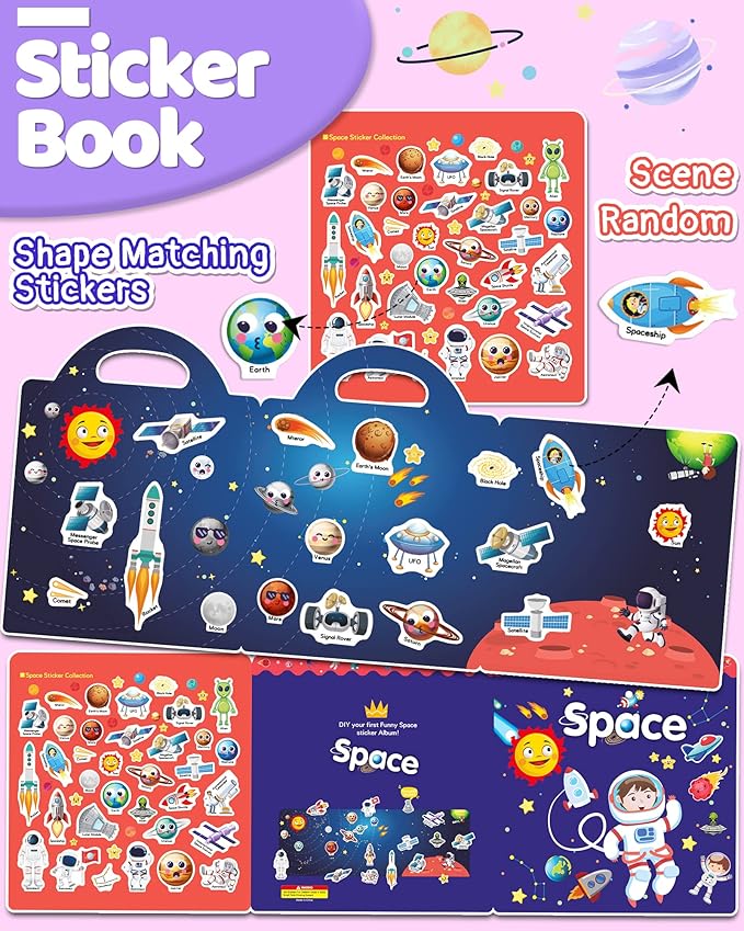 Benresive Reusable Sticker Books for Toddlers, Fun Travel Stickers for Kids, Toddler Sticker Book, Crafts Activities for Toddlers, 3 and Up Birthady Gifts - Space