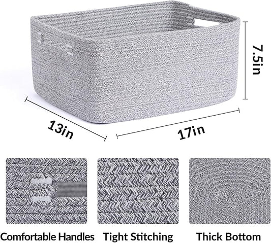 MiniArk Large Storage Baskets for Shelves, Closet Organizers Bins for Clothes Blanket Towels, Baby Nursery, Toy Baskets Box, Woven Rope Baskets, 17 x 13 x 7.5”, 2 Packs Mixed Grey