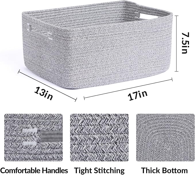 MiniArk Large Storage Baskets for Organizing, Closet Shelf Baskets for Clothes Blanket Towels, Baby Nursery, Toy Bins Box, Woven Rope Baskets, 17 x 13 x 7.5”, 4 Packs Mixed Grey