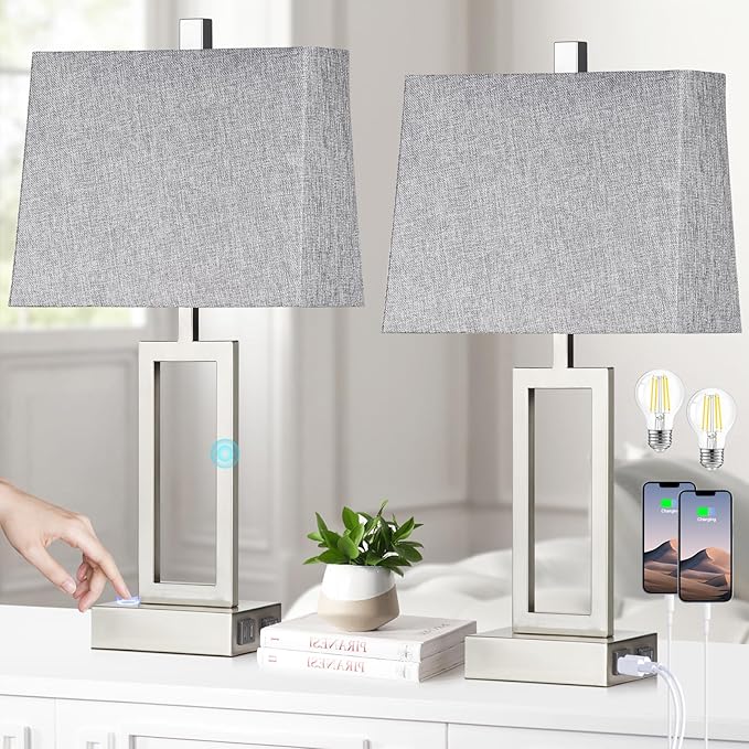 Lolikit 23.5" Touch Control Table Lamps, Metal Bedside Lamp for Bedroom Set of 2 with USB A+C Ports & AC Outlet, 3-Way Dimmable Nightstand Lamp for Living Room (LED Bulb Included)
