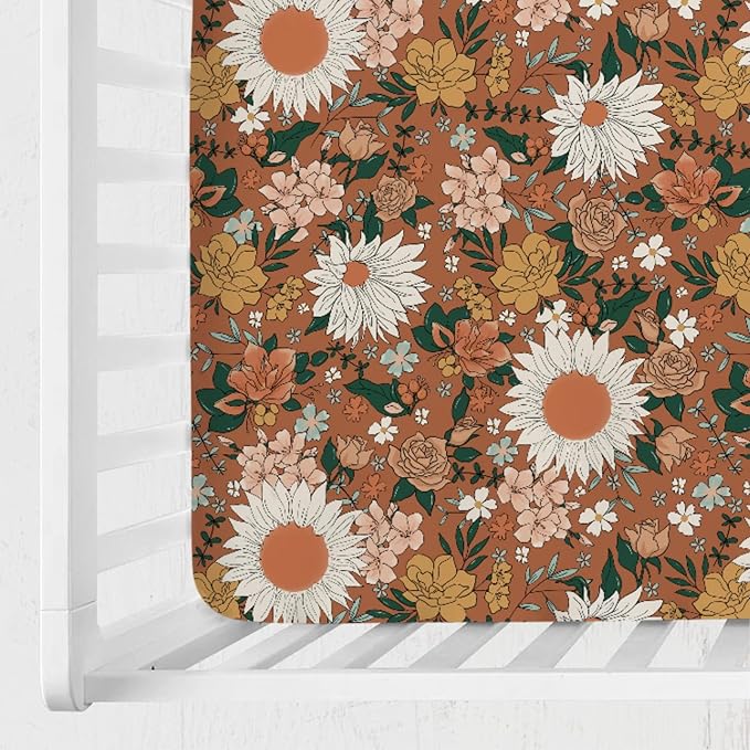 Retro Spring Wildflowers Baby Crib Sheets 52''x28'' Watercolor Floral Leaf Summer Boho Stretchy Fitted Crib Mattress Sheet for Boy Girl Botanical Soft Nursery Sheet for Standard Crib Toddler Mattress
