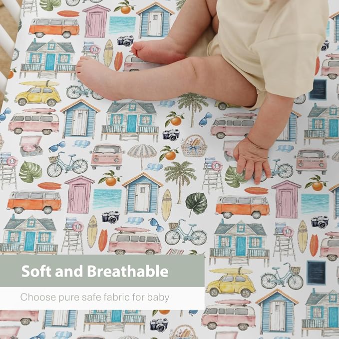 Watercolor Summer Travel Baby Crib Sheets Boy Girl 52x28Inch Boho Hippie Beach House Surfboard Palm Car Soft Snug Fitted Crib Mattress Cover Beach Days Baby Sheet for Standard Crib & Toddler Mattress