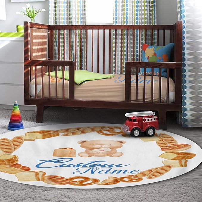 Personalized Crib Bedding Set, Custom Name Baby Bedding 5-Pcs Set - Soft Blanket Fitted Sheet Changing Pad Cover Nursery Rug and Wall Art, Cute Bread Bear Theme Nursery Decor for Newborn Boys Girls