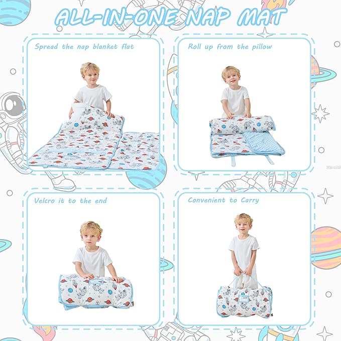 Toddler Nap Mat with Pillow and Blanket, Extra Large Rolled Napping Mats,Slumber Bags for Boys Girls,Kids Sleeping Bag for Daycare, Preschool Travel Camping