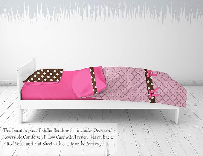 Bacati Butterflies/Ladybug Pink/Chocolate 4 Piece Girls Toddler Bedding Set, 100 Percent Cotton Includes Reversible Comforter, Fitted Sheet, Top Sheet and Pillow Case for US Standard Toddler Bed