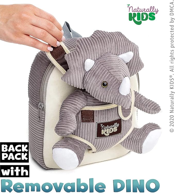 Naturally KIDS Small Dinosaur Backpack - Triceratops Dinosaur Toys for Kids 3-5 - Toddler Backpack for Boys & Girls - Grey Plush Stuffed Animal