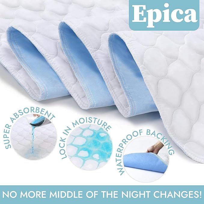 Epica Bed Pads Washable Waterproof - 34"x52" (Pack of 2) Incontinence Bed Pads for Adults, Waterproof matterss pad to Protect Bed from Stains, Bed wetting Pads for Home & Hospital Use (300 Washes)