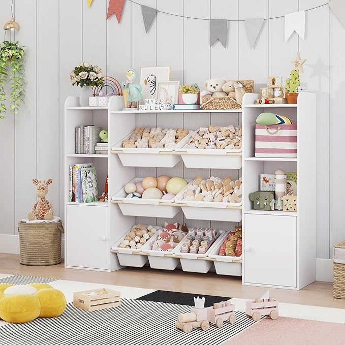 PTINFLUCE Toy Storage Organizer with 8 Toy Bins, Kids Toy Organizers and Storage with Shelf, Toddler Bookshelf and for Classroom, Living Room, Kids Room, Playroom