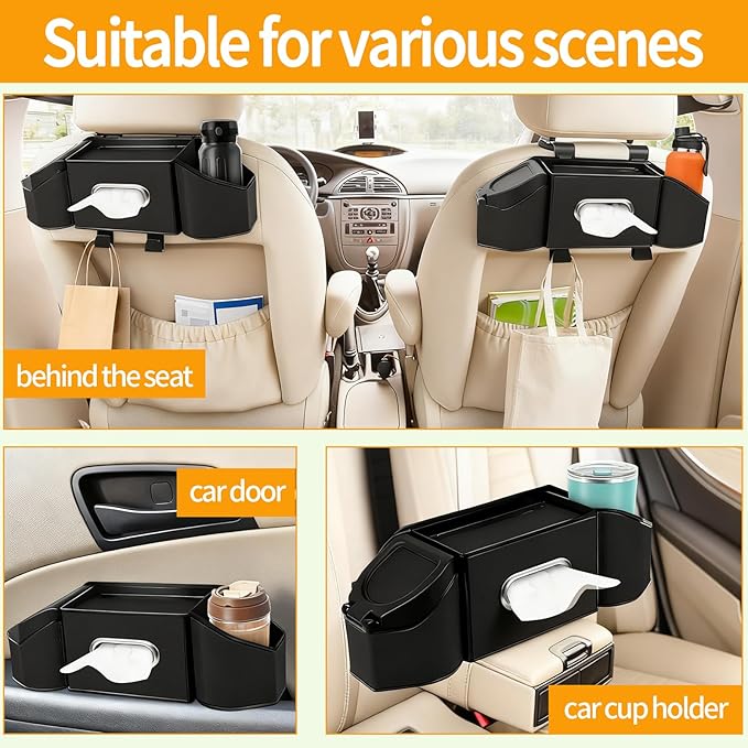 Oivjckx 7-In-1 Multifunctional Car Seat Back Organizer with Cup Holders, Tissue Box, Garbage Can & Hooks, Headrest Storage & Cup Holder for Backseat (Black)
