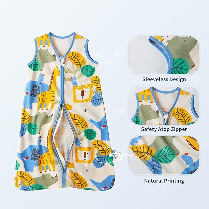 TILLYOU 2 Pack Infant Sleep Sack 0-6 Months 100% Cotton Wearable Blanket 0.5 TOG Sleeveless Summer Sleep Sacks with 2-Way Zipper, Animal Geometry & Blue