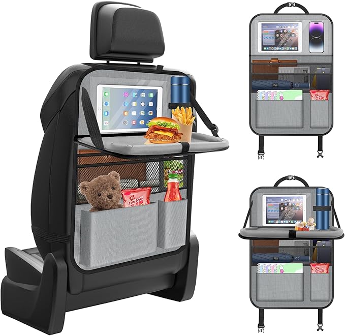 Oneyus Car Backseat Organizer with table Tray, 9 Storage Pockets Backseat Car Organizer with Tablet Holder, Back seat Organizer for Kids Road Trip Essentials Travel (1Pack)