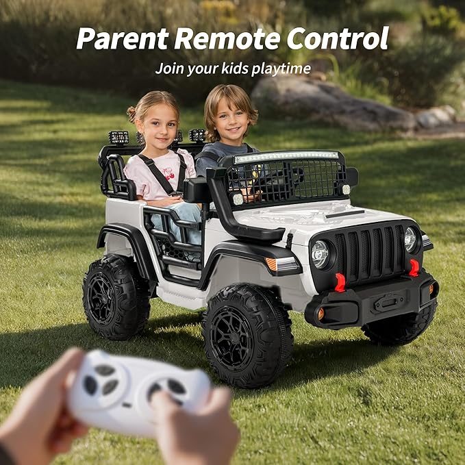 2 Seater Ride on Car Toy, 12V Electric Car for Kids 4-8 with Remote Control, Capacity 110 lb, LED Light - White