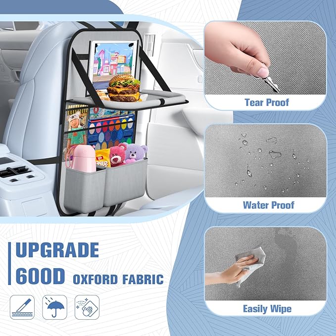 Oneyus 2PACK-Car Backseat Organizer with Touch Screen Tablet Holder,9 Storage Pockets Storage Organizer with Foldable Food Tray, Protector Kick Mats for Kids, Travel Accessories Organizer (Grey)