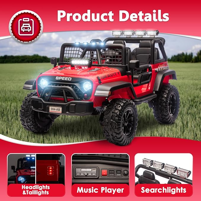 Sopbost 24V 7Ah 2 Seater Ride On Truck Ride On Toy for Big Kids Ride On Car with Remote Control Off-Road Electric Car with Shock Absorber, LED Lights, Bluetooth Music Player, EVA Tires, Red