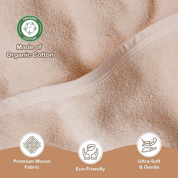 Organic Cotton Plush Woven Hooded Baby Towels, 31x31 Inches, Plush Bath Towels with Hood for Newborns and Kids, Girls & Boys (Sand, 31.4" L x 31.4" W)