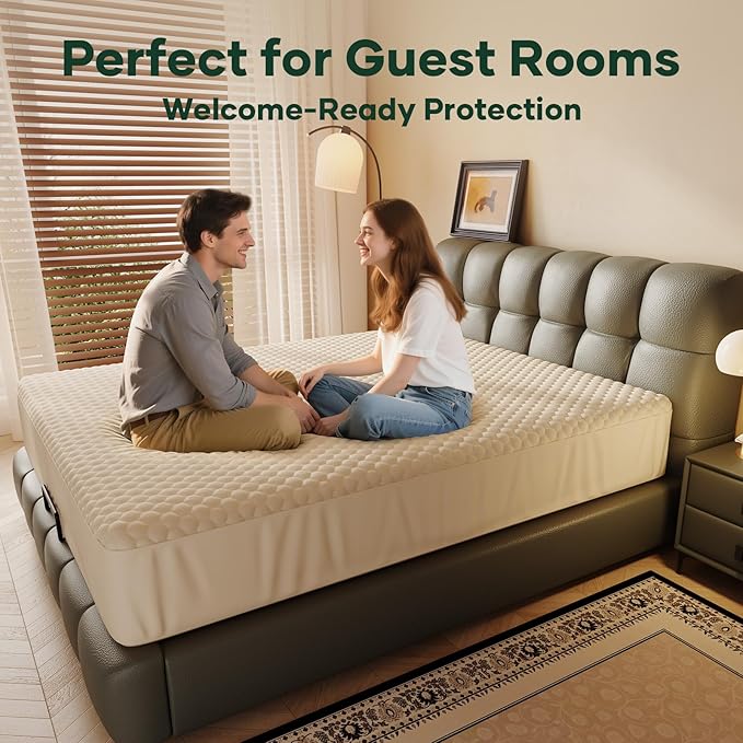OhGeni 100% Waterproof Mattress Protector, Queen-Beige Size Mattress Pad, Fits 6"-20" Mattresses with Deep Pocket, Cooling, Breathable Fitted Sheets, Soft Bed Cover, Noiseless, Machine Washable