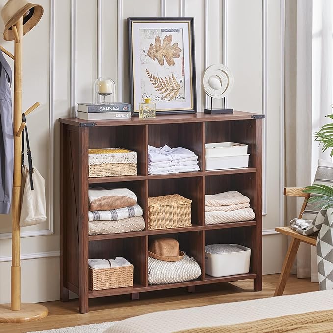 Joaxswe 9 Cube Bookcase, Farmhouse 47 Inch Wide Brown Walnut Bookshelf, Wooden 3 Tier Display Large Open Book Shelf, Vintage Horizontal Book Case for Home Office, Cubby Storage Cabinet for Living Room