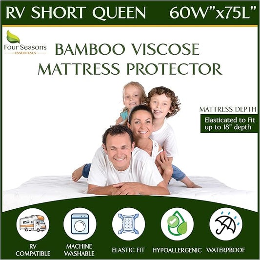 Four Seasons Essentials RV Short Queen Size Waterproof Mattress Protector - Cooling Viscose derived from Bamboo Fitted Sheet Mattress Cover - Quilted Jacquard Pad Protects from Dust Allergens