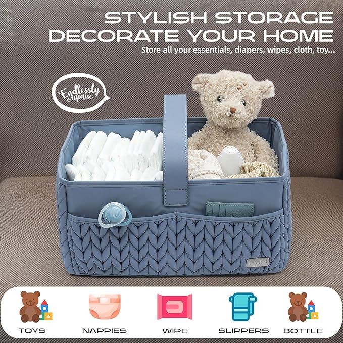 LUKJOJO Luxurious Baby Diaper Caddy, Nursery Storage Basket for Newborn Essentials, Travel Baby Basket for Diapers Baby Wipes, Organizer Tote Bag Storage Bin, Baby Shower Gifts(ash blue)