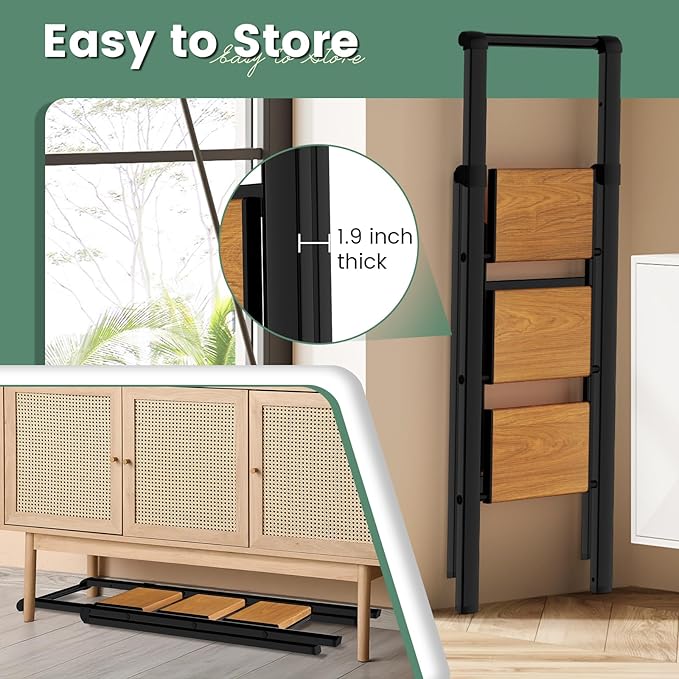 3 Step Ladder Folding Step Stool with Handle, Kitchen Step Stool for Adults, Aluminum Ladders for Home