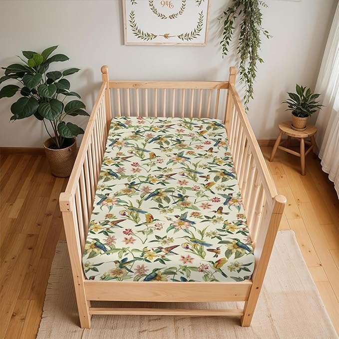 Vintage Hummingbirds Flowers Baby Crib Sheets for Boy Girl 28"x52" Spring Birds Colorful Floral Leaves Soft Snug Fitted Crib Mattress Cover Garden Baby Sheet for Standard Crib & Toddler Bed Mattress