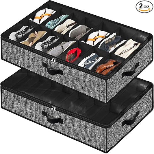 Meerainy Under Bed Shoe Storage Organizer for Closet 2 Pack- Fits 32 Pairs Underbed Shoes Container Boxes Black