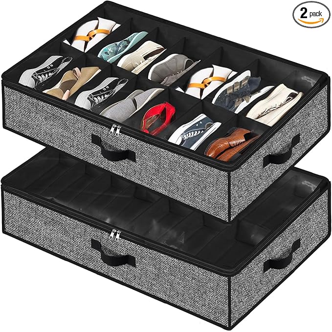 Meerainy Under Bed Shoe Storage Organizer for Closet 2 Pack- Fits 28 Pairs Underbed Shoes Container Boxes with 2 Sturdy Handles and Clear Window Black