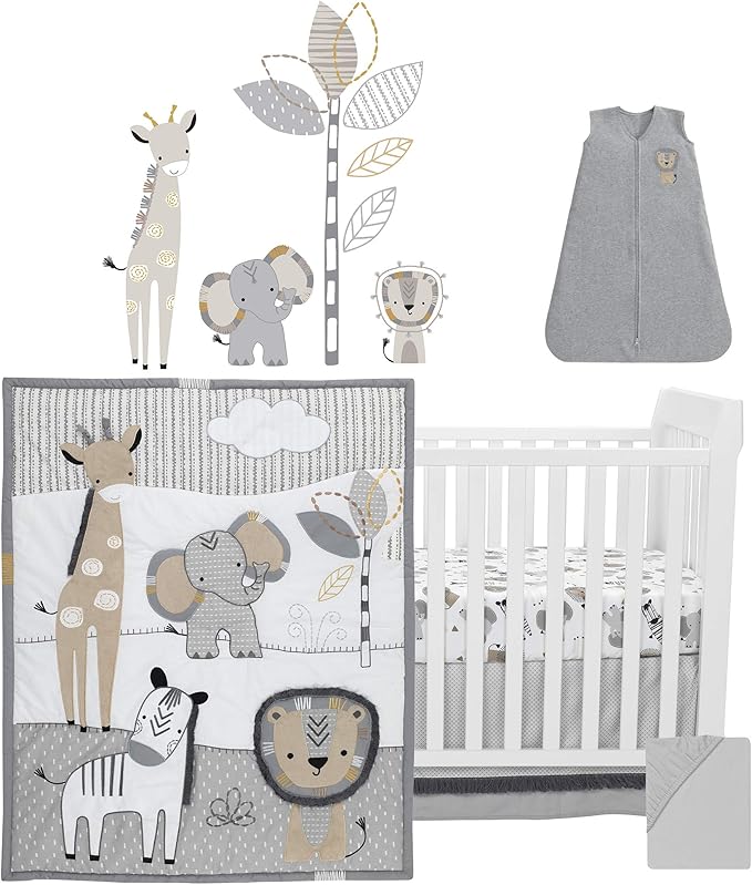 Lambs & Ivy Jungle Safari Gray/Tan/White Nursery 6-Piece Baby Crib Bedding Set