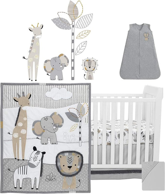 Lambs & Ivy Jungle Safari Gray/Tan/White Nursery 6-Piece Baby Crib Bedding Set