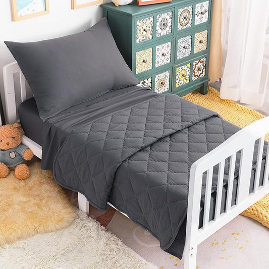NTBAY Toddler Bedding Set - 4 Piece Soft and Breathable Crib Bedding Set for Boys and Girls, Includes Quilted Comforter, Fitted Sheet, Flat Top Sheet and Envelope Pillowcase, Dark Grey