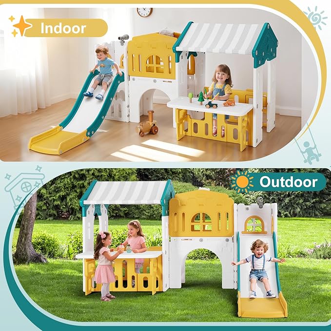 JOYLDIAS 9 in 1 Toddler Slide, Freestanding Kid Climber Slide Playset, Toddler Playhouse with Slide, Basketball Hoop and Climbing Frame, Indoor Outdoor Backyard Playground Toy for Toddlers Age 1-3+