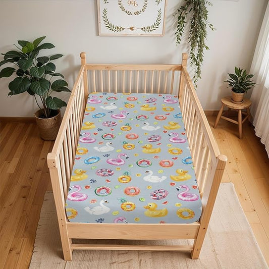 Summer Pool Floats Baby Crib Sheets for Boy Girl 52x28Inch Fun Beach Flamingo Duck Fruits Floats Soft Stretchy Fitted Crib Mattress Cover Travel Vacation Baby Sheet for Crib & Toddler Bed Mattress
