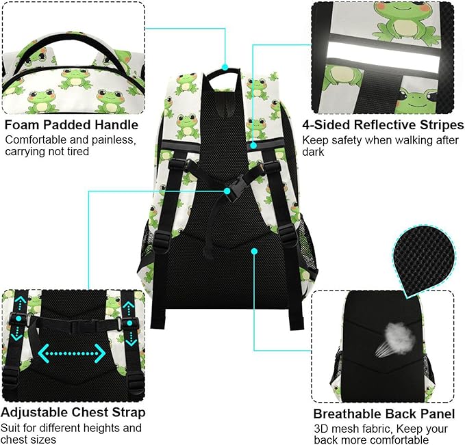 MNSRUU Laptop Backpack with Chest Strap, Frog Cute School Backpack, Travel Hiking Bag for Boys Girls Teen College Adult, Rucksack Knapsack