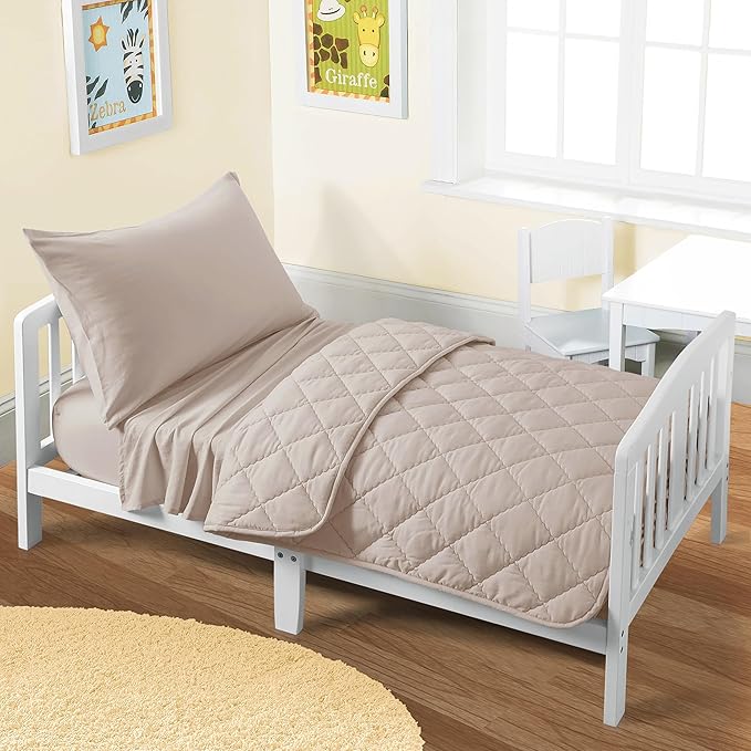 FLXXIE 4 Pieces Toddler Bedding Set, Soft and Breathable Microfiber Crib Sheet Set, Includes Quilted Comforter, Flat Top Sheet, Fitted Sheet, Envelope Pillow Case for Boys and Girls, Light Taupe