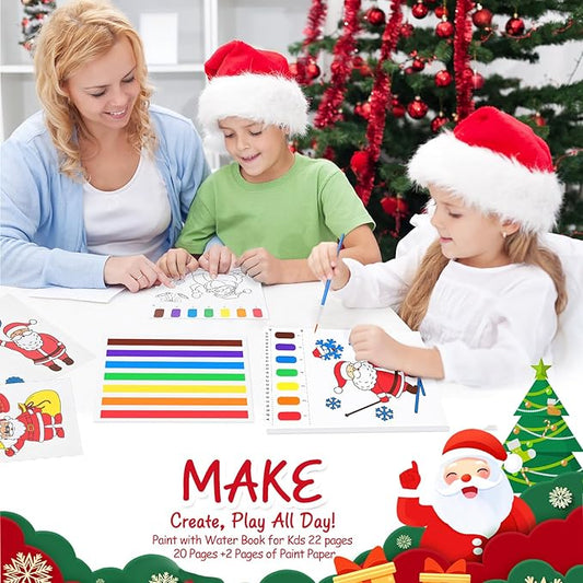 Paint with Water Coloring Books for Toddlers, Watercolor Painting Book and Drawing Art Paper for Kids Ages 3 4 5 6 7 8 Years Old, Christmas Art Craft for Drawing with Brush