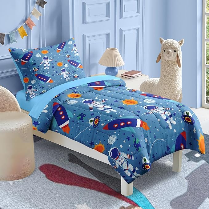 Nesker 4 Pcs Comforter Set Toddler Size, Space Moon Astronaut Bedding for Kids Teen, Cartoon Science Galaxy Bed Sheet with Pillowcase & Sham