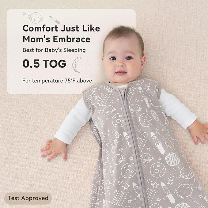 Baby Sleep Sack 0-6 Months 3 Pack 100% Cotton Lightweight 0.5 TOG Wearable Blanket Baby Sleep Bag with 2-Way Zipper for Newborn Infant White Gray Blue Space