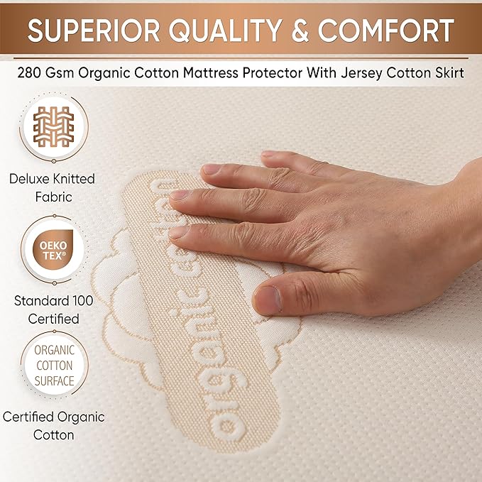 Deluxe Organic Crib Mattress Protector Pad – Waterproof & Breathable Organic Cotton Cover for Baby & Toddler Beds – Premium 280 GSM Knitted Jacquard, Soft Jersey Skirt