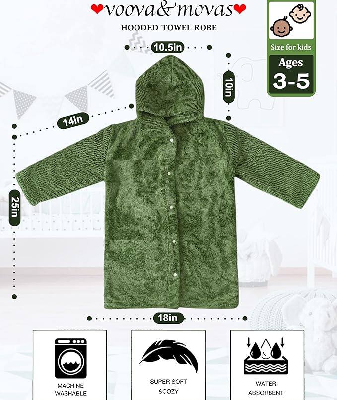 VOOVA & MOVAS Hooded Bath Towel for Kids 3-5Years | 100% Cotton,Low Lint, Ultra-Soft & Absorbent | Gentle for Sensitive Skin, Bathroom, Pool & Beach Thick Towel for Toddler,Olive Green